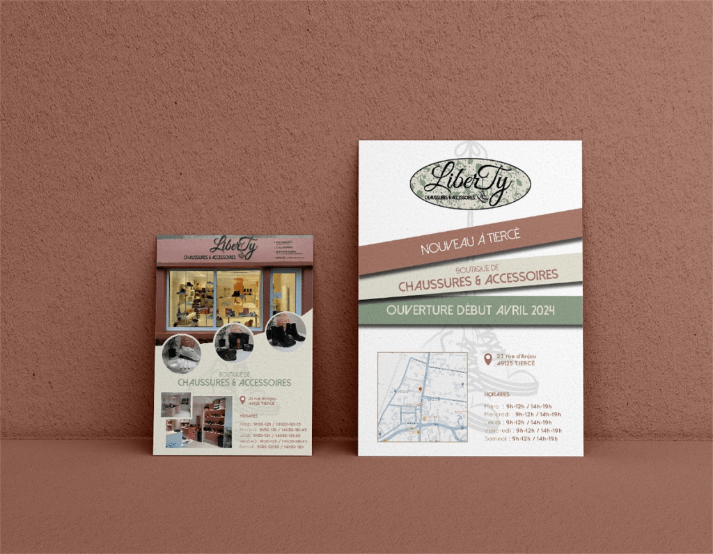 OC Infographie vous présente des flyers pour un magasin de chaussures & accessoires, commandés par LiberTy à Tiercé (49)