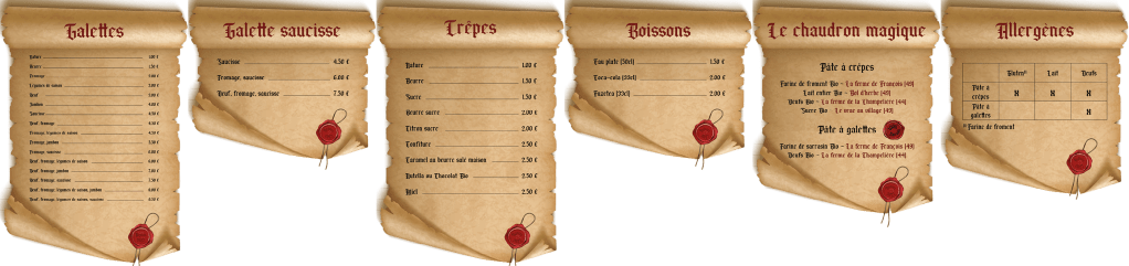 OC Infographie vous présente une déclinaison d'affiches pour les prix des crêpes et galettes, des boissons, pour les fournisseurs et les allergènes. Commandées par Ma Crêperie Fantastiques (53)